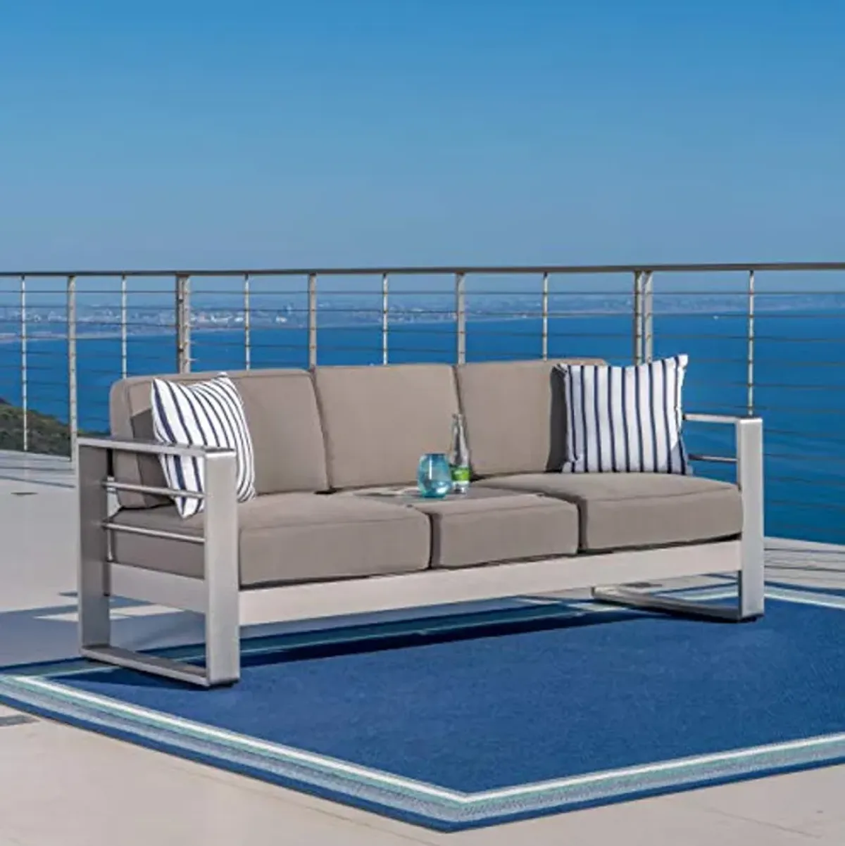 Christopher Knight Home Cape Coral Outdoor Loveseat Sofa with Tray and C-Shaped End Table