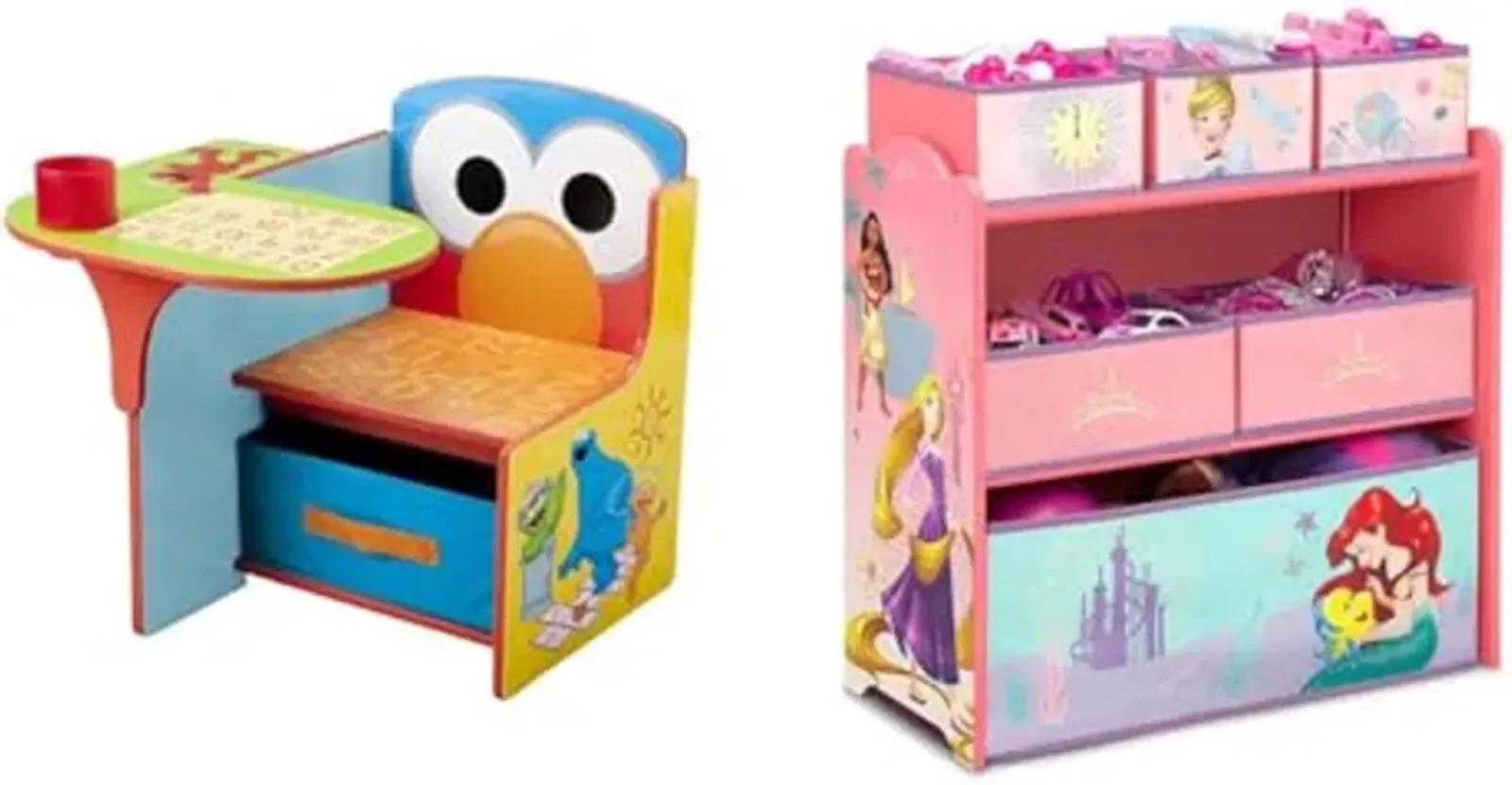 Delta Children Sesame Street Chair Desk with Bin and Disney Princess 6 Bin Toy Storage Organizer