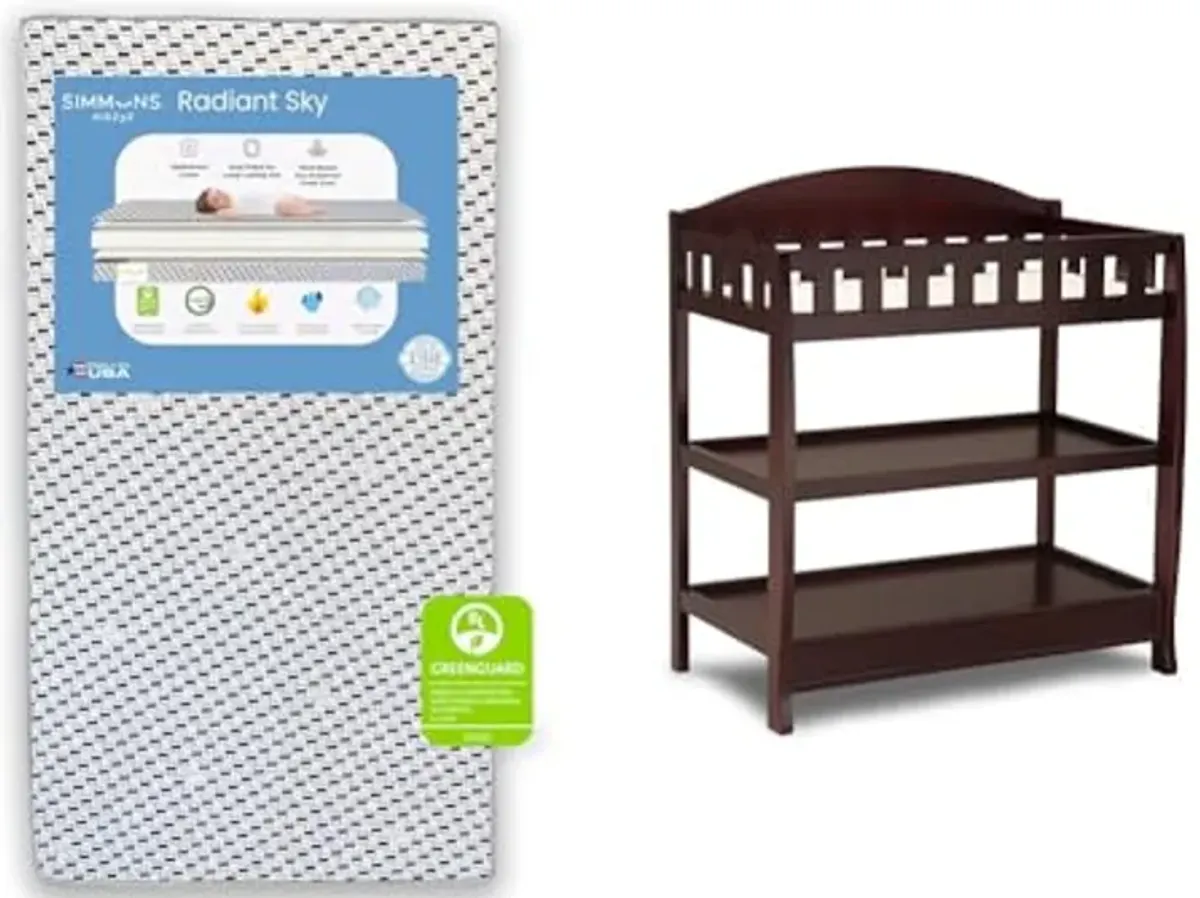 Delta Children Simmons Kids Radiant Sky Dual Sided Crib & Toddler Mattress Infant Changing Table with Pad, Espresso Cherry