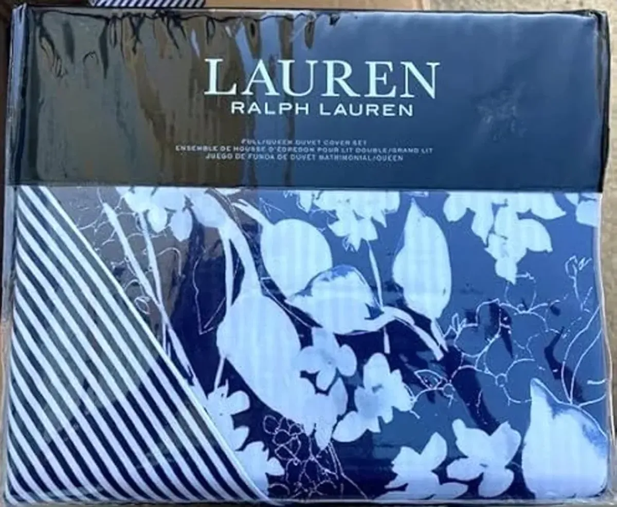 Lauren Ralph Lauren Navy Blue Floral Reese Full Queen 3 pc Duvet Cover Set Shams Grey White
