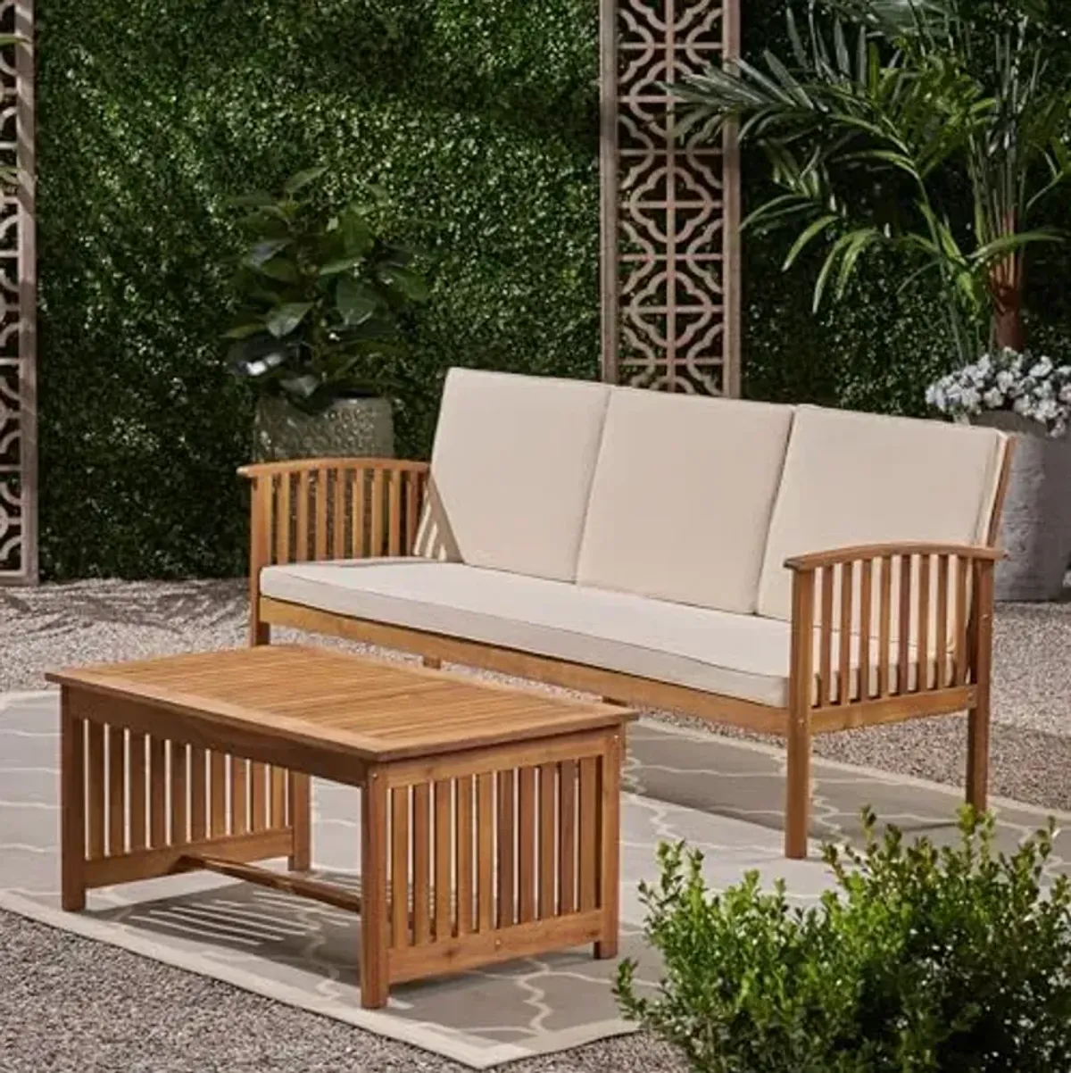 Christopher Knight Home Outdoor Acacia Wood Sofa and Coffee Table Set, Teak and Cream