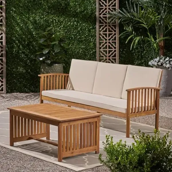 Christopher Knight Home Outdoor Acacia Wood Sofa and Coffee Table Set, Teak and Cream