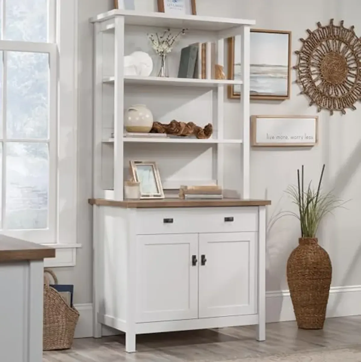 Sauder Cottage Road Library Base w/Hutch Ste, White Finish