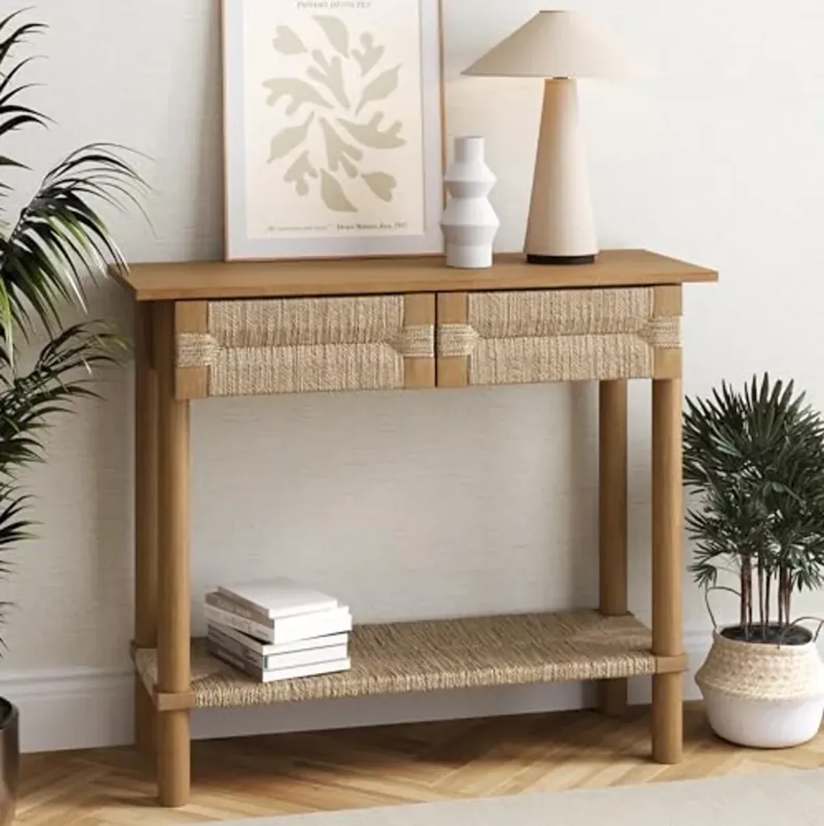 Nathan James Beacon Wooden Sofa Console Table with Drawers, Bohemian Entryway Table, Hallway Table with Seagrass Shelf, Light Brown