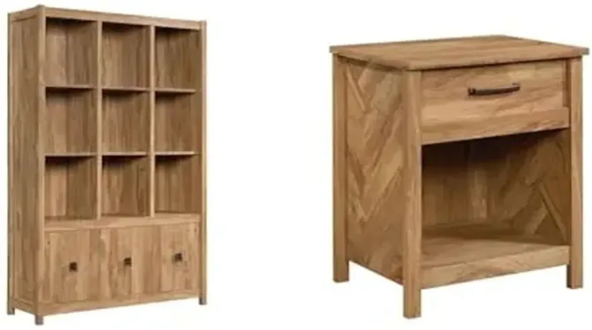 Sauder Cannery Bridge Storage Wall Cabinet and Nightstand, L: 48.31" x W: 15.59" x H: 71.97" and L: 22.13" x W: 17.56" x H: 25.71", Sindoori Mango Finish