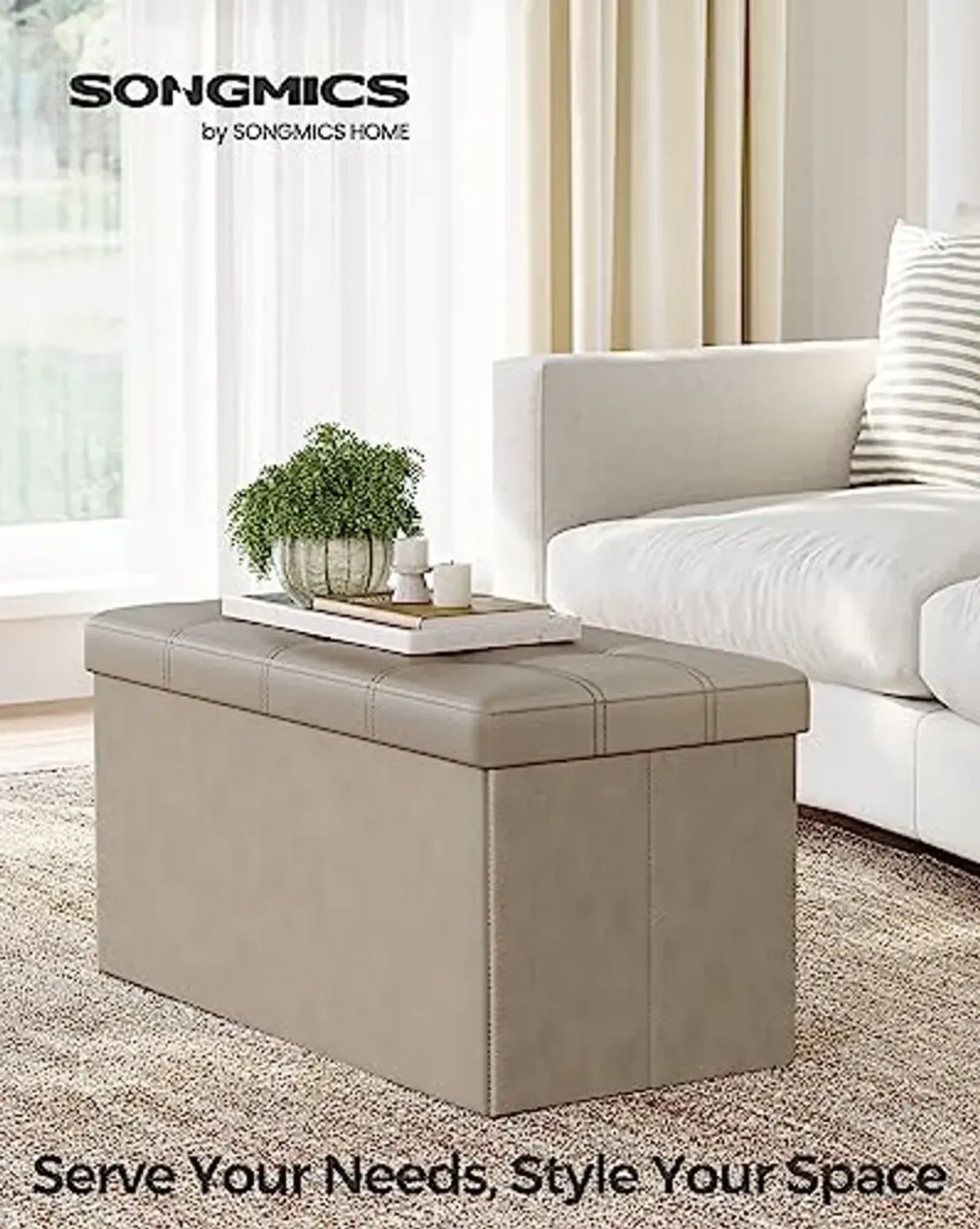 SONGMICS 30 Inches and 35 Gal. Folding Storage Ottomans, Padded Seat Footrest Bench Chests, Faux and Synthetic Leather