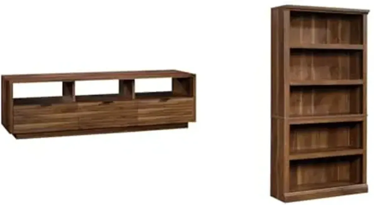 Sauder 70" TV Credenza & 5-Shelf Bookcase Bundle, Grand Walnut Finish