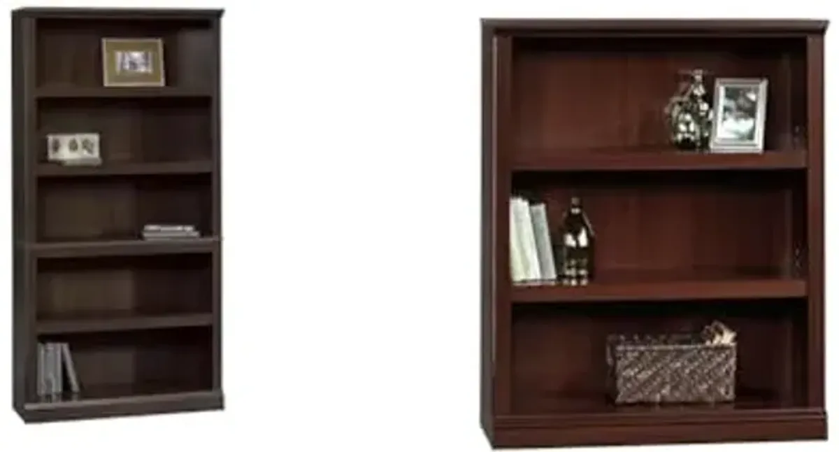 Sauder 5-Shelf Bookcase and 3-Shelf Bookcase Bundle, Dimensions 35.28" W x 13.23" D x 69.76" H and 35.25" W x 13.25" D x 43.75" H