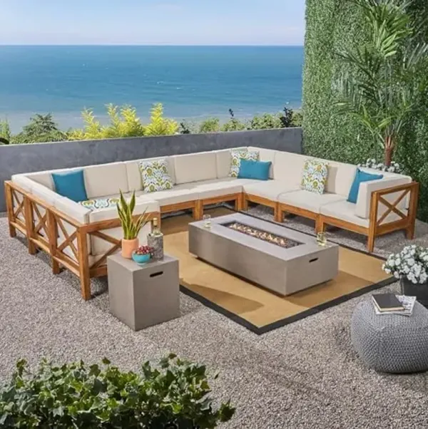 Christopher Knight Home Outdoor Acacia Wood 10 Seater U-Shaped Sectional Sofa Set with Fire Pit, Teak, Beige, and Light Gray