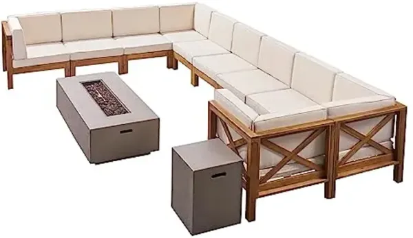 Christopher Knight Home Bravap Outdoor Acacia Wood 10 Seater U-Shaped Sectional Sofa Set Patio Couches with Fire Pit, 172.5 "W x 116.5 "D x 26.5 "H, Teak + Beige + Light Gray