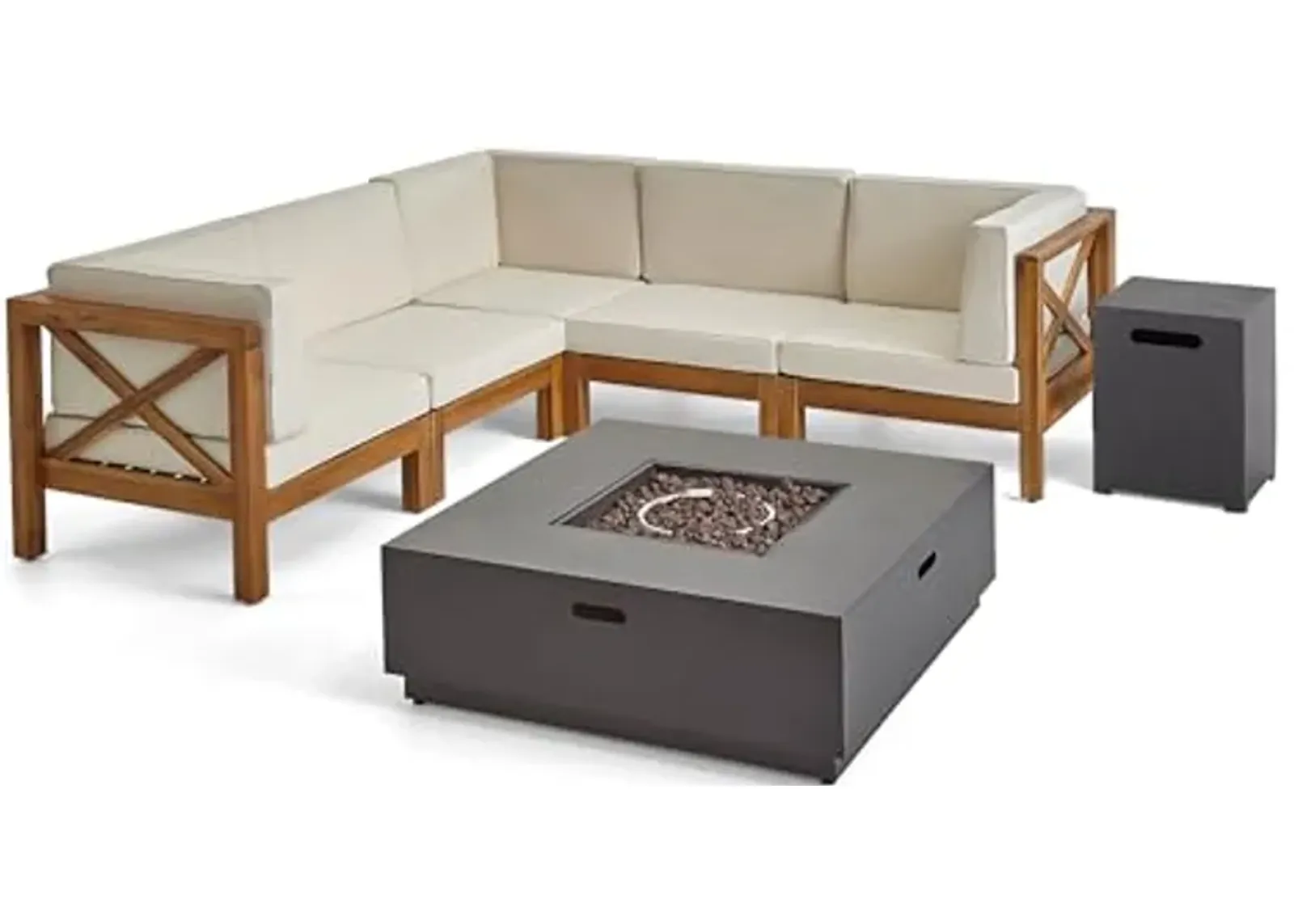 Christopher Knight Home Culatra Outdoor Acacia Wood 5 Seater Sectional Couches Sofa Patio Furniture Set with Fire Pit, 88.5 "W x 88.5 "D x 26.5 "H, Teak + Beige + Dark Gray