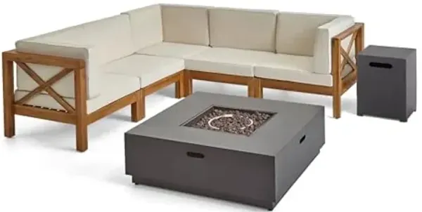 Christopher Knight Home Culatra Outdoor Acacia Wood 5 Seater Sectional Couches Sofa Patio Furniture Set with Fire Pit, 88.5 "W x 88.5 "D x 26.5 "H, Teak + Beige + Dark Gray