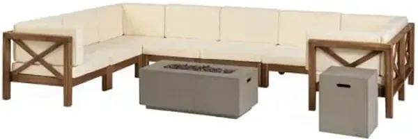 Christopher Knight Home Bravap Outdoor Acacia Wood 8 Seater U-Shaped Sectional Couches Sofa Patio Furniture Set with Fire Pit, 144.50 "W x 88.5 "D x 26.5 "H, Teak + Beige + Light Gray