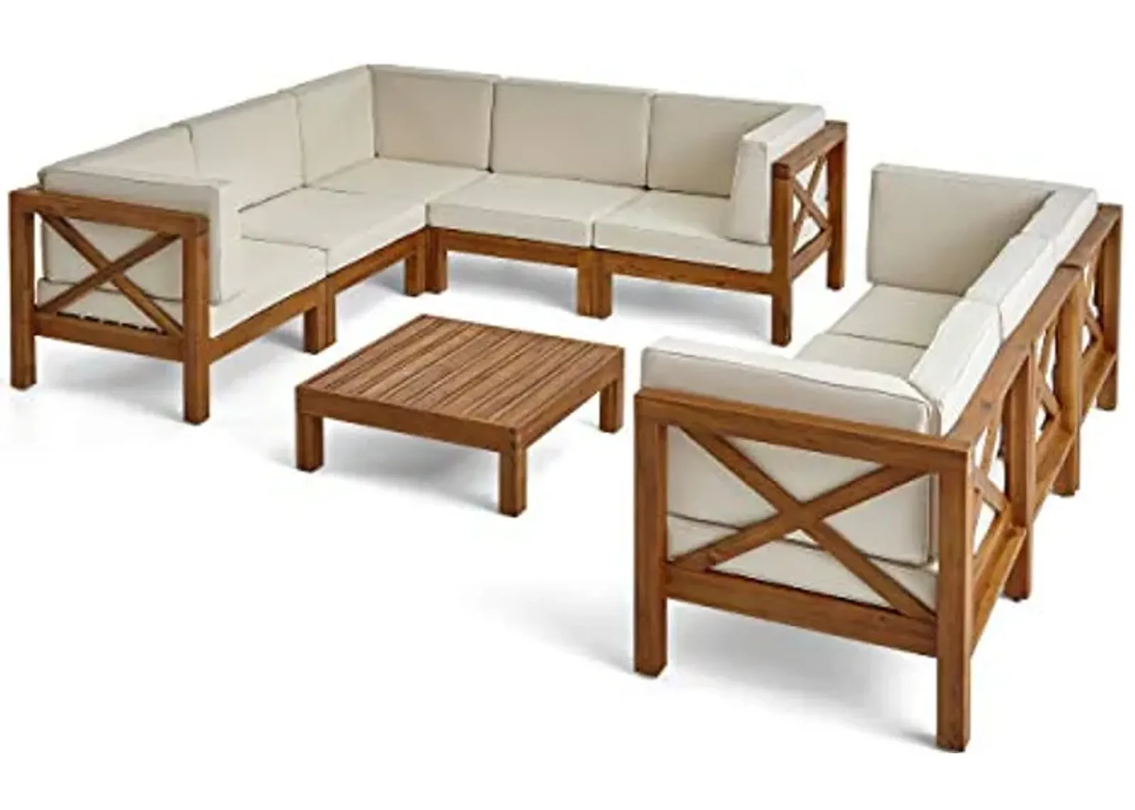 Christopher Knight Home Bravap Outdoor Acacia Wood 8 Seater Sectional Couches Sofa Set Patio Furniture Setwith Coffee Table, 88.5 "W x 88.5 "D x 26.5 "H, Teak + Beige