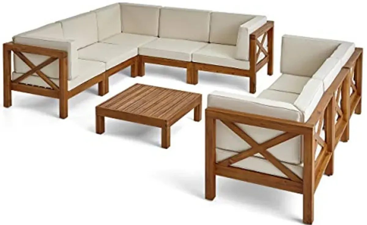 Christopher Knight Home Bravap Outdoor Acacia Wood 8 Seater Sectional Couches Sofa Set Patio Furniture Setwith Coffee Table, 88.5 "W x 88.5 "D x 26.5 "H, Teak + Beige