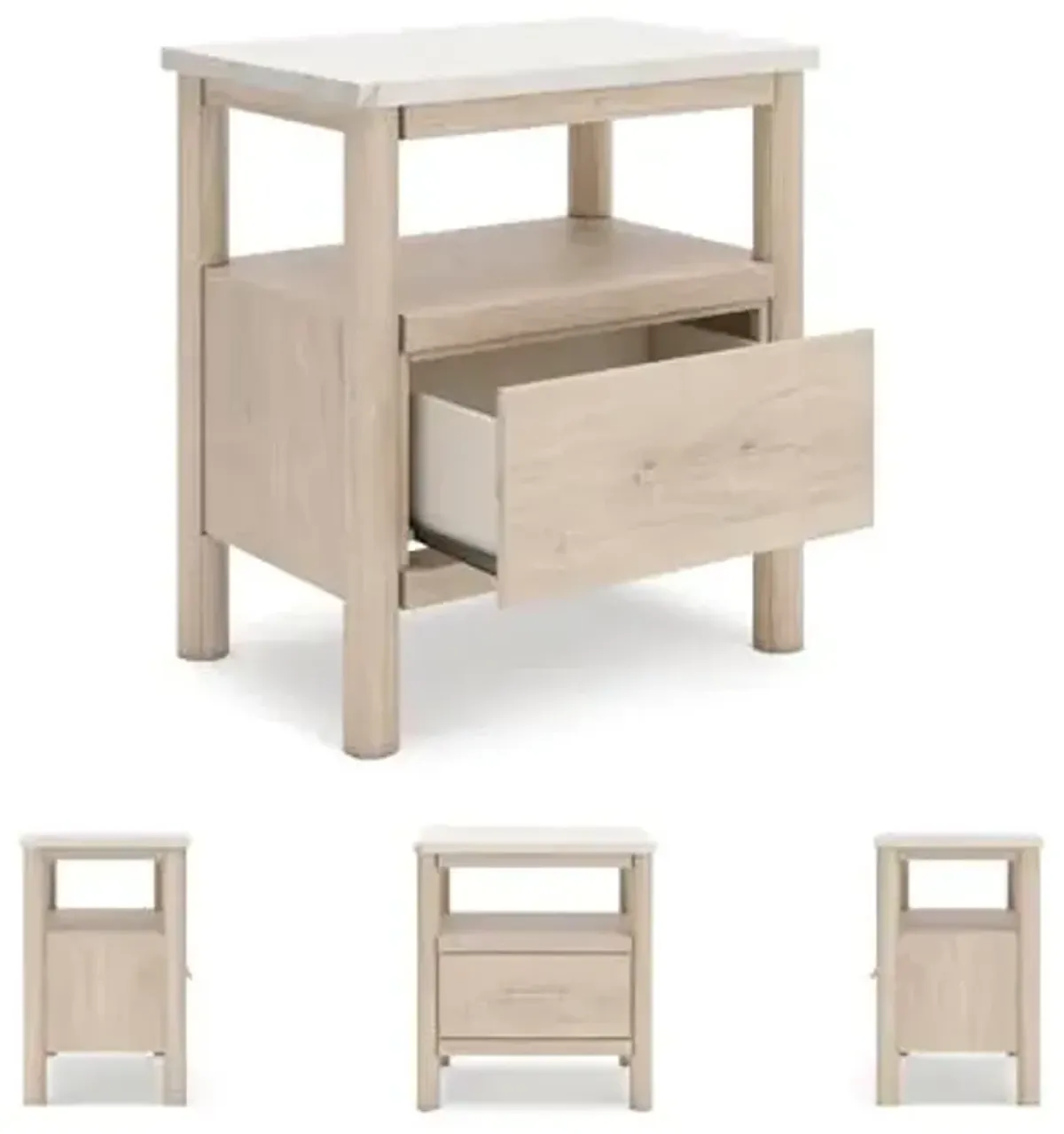 Signature Design by Ashley Cadmori Casual Faux Marble Tabletop 1 Drawer Nightstand with Open Shelf, Ambient Lights, Wireless Charging and USB-C Ports, 26.57" Tall, Light Brown & White