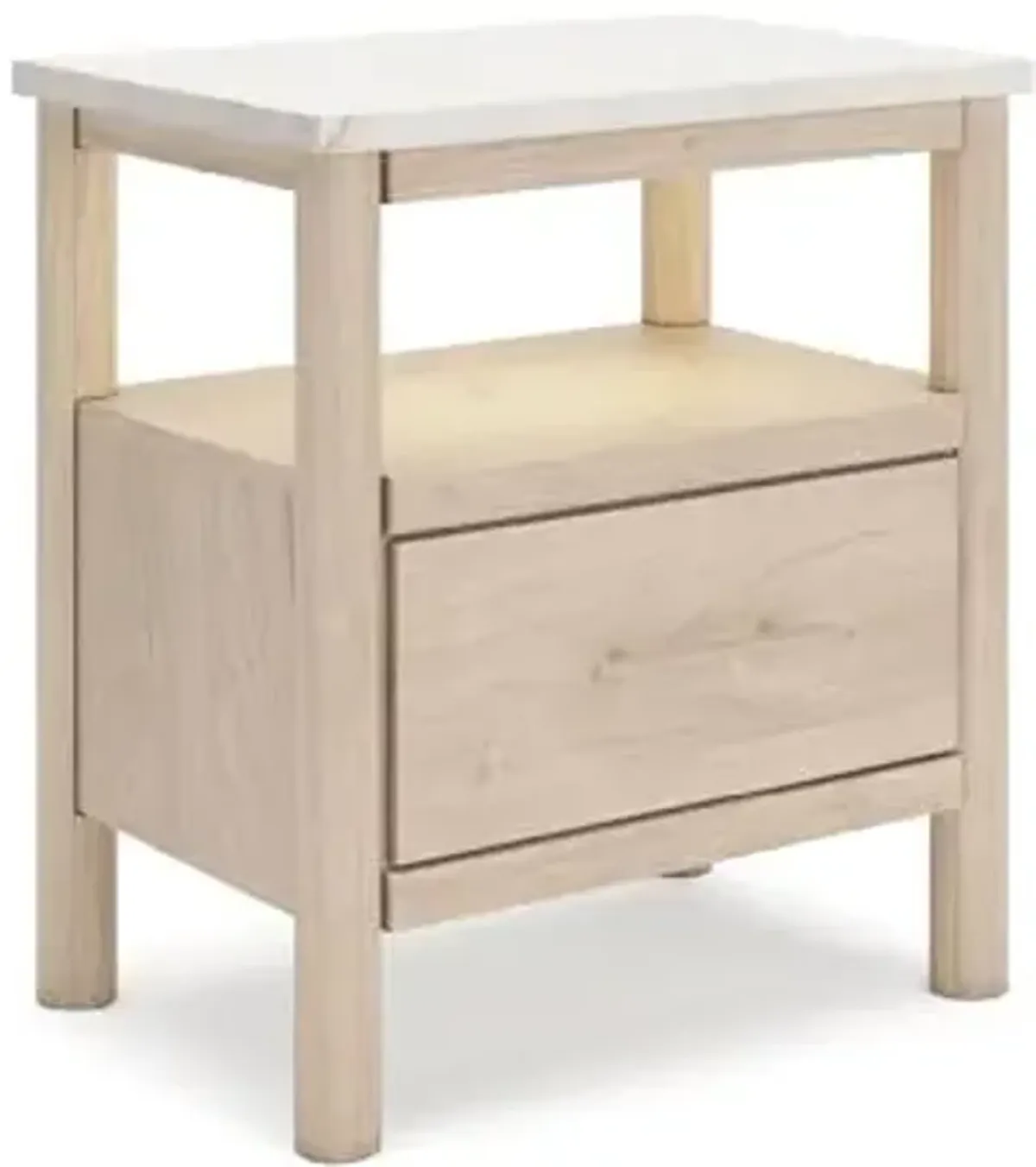 Signature Design by Ashley Cadmori Casual Faux Marble Tabletop 1 Drawer Nightstand with Open Shelf, Ambient Lights, Wireless Charging and USB-C Ports, 26.57" Tall, Light Brown & White