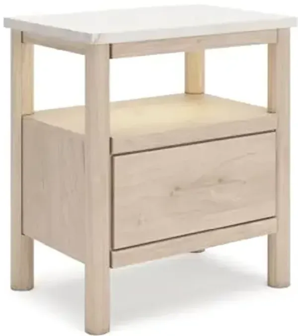 Signature Design by Ashley Cadmori Casual Faux Marble Tabletop 1 Drawer Nightstand with Open Shelf, Ambient Lights, Wireless Charging and USB-C Ports, 26.57" Tall, Light Brown & White