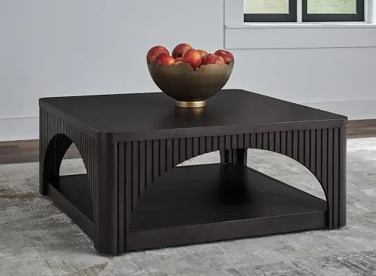 Signature Design by Ashley Yellink Contemporary Coffee Table with Casters, Open Shelf, Arches and Lattice Details, Black