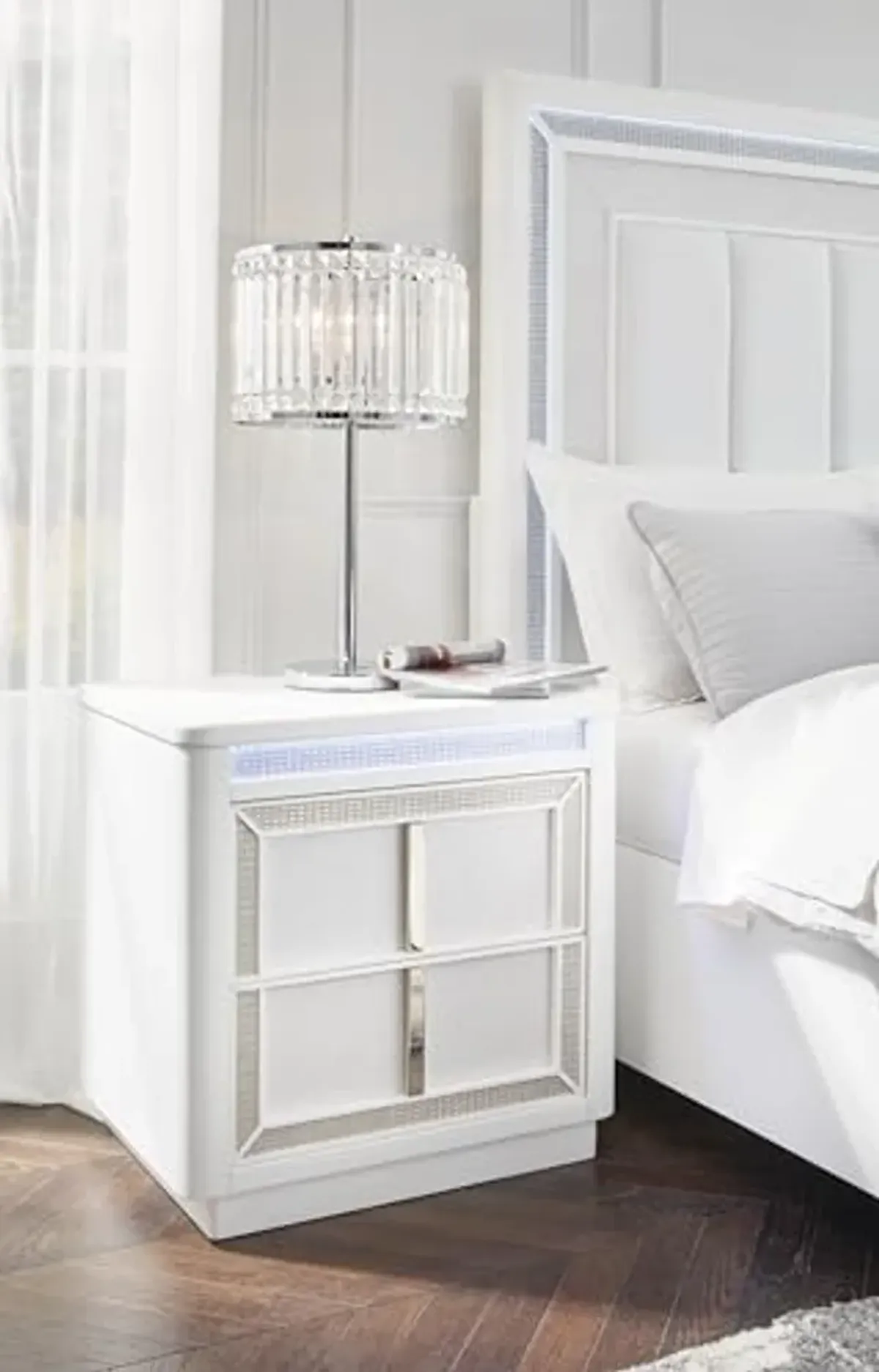 Signature Design by Ashley Chalanna Glam 2 Drawer Nightstand with Felt-Lined Top Drawer, LED Lights, Power Supply and USB Ports, 26.75" Tall, White