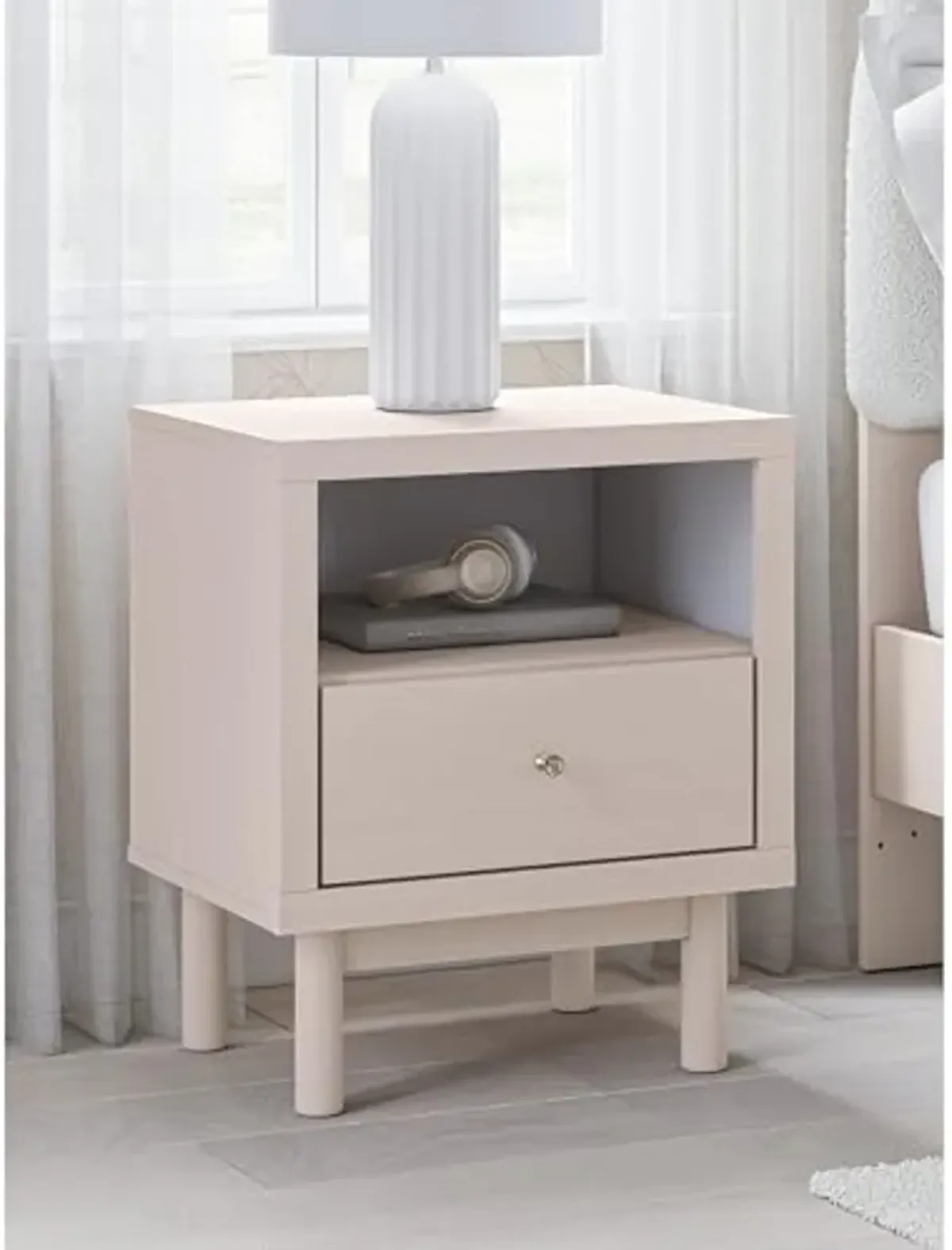 Signature Design by Ashley Wistenpine Modern 1 Drawer Nightstand with Open Shelf and USB Ports, 25" Tall, Pink