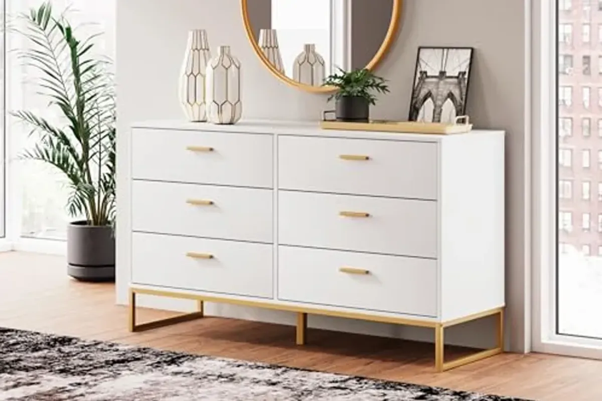 Signature Design by Ashley Socalle Modern 6-Drawer Dresser with Safety Stop, White & Metallic