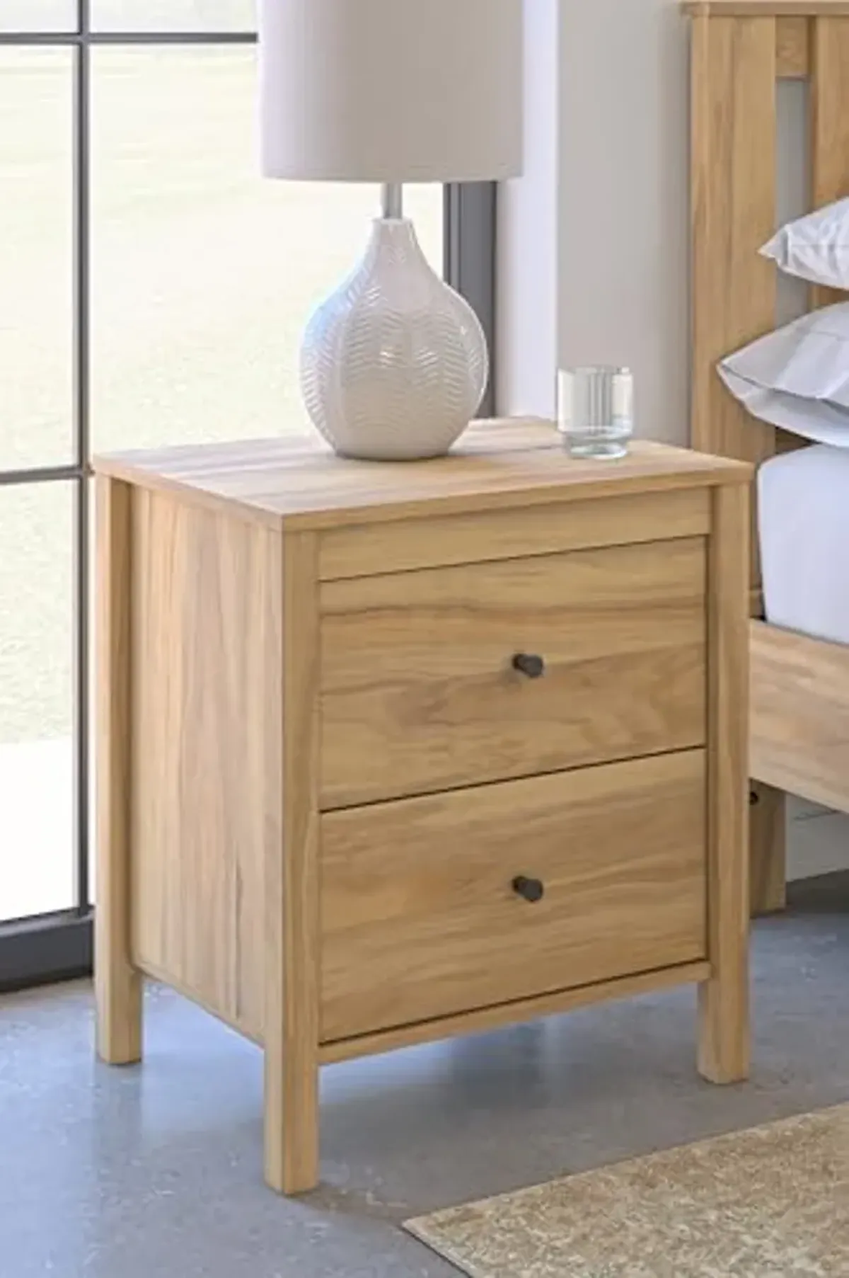 Signature Design by Ashley Bermacy Casual 2-Drawer Nightstand with Straight Legs, 24.37" Tall, Light Brown