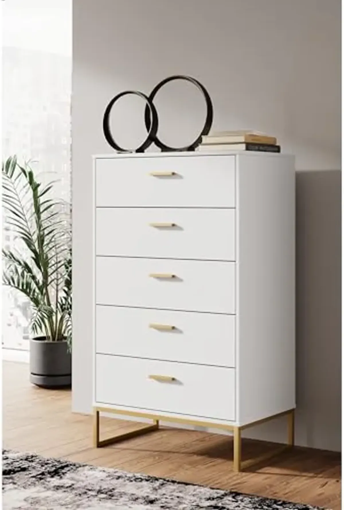 Signature Design by Ashley Socalle Modern 5-Drawer Chest of Drawers with Safety Stop, White & Metallic