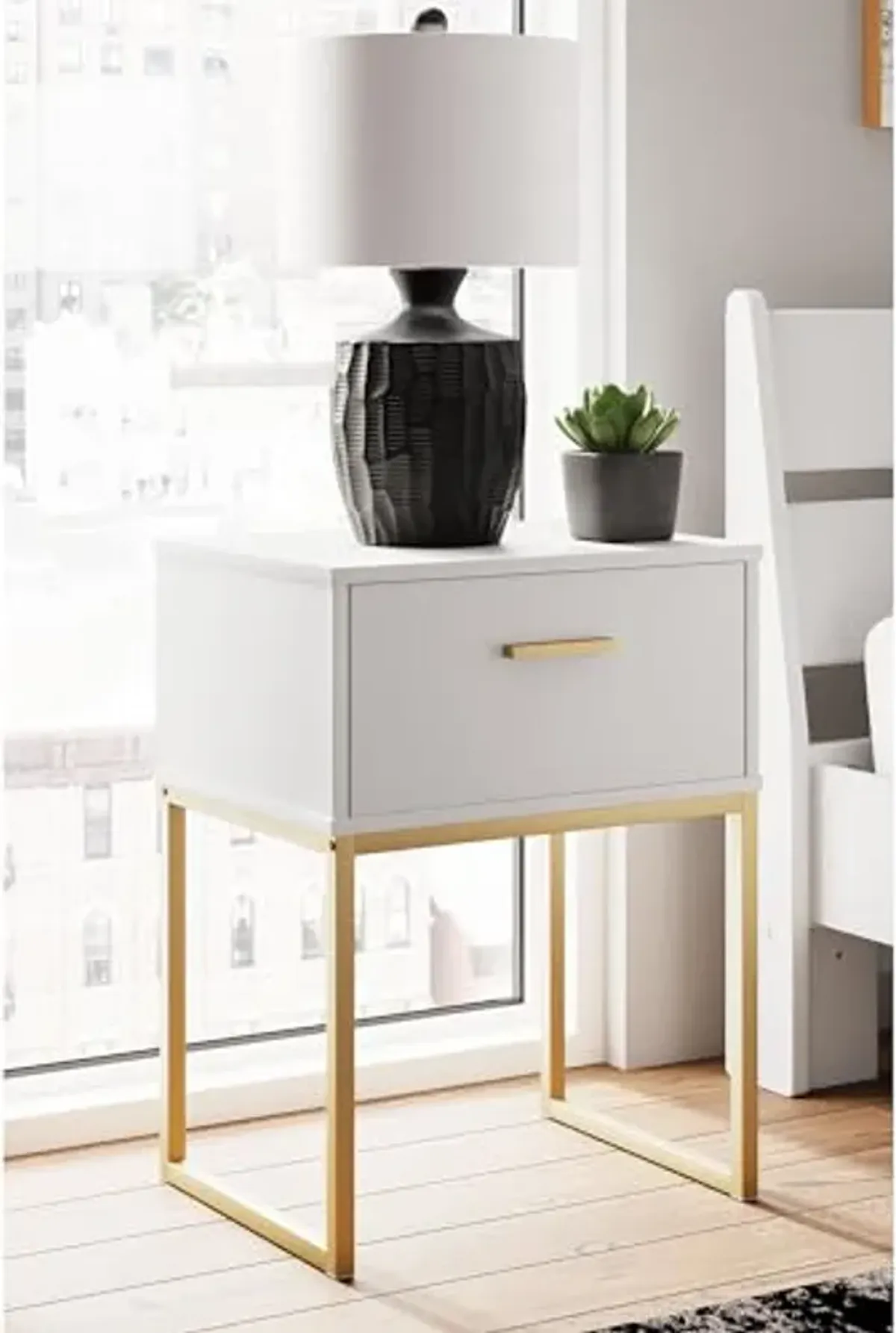 Signature Design by Ashley Socalle Contemporary 1 Drawer Nightstand with Metal Legs, 26.02" Tall, White & Metallic