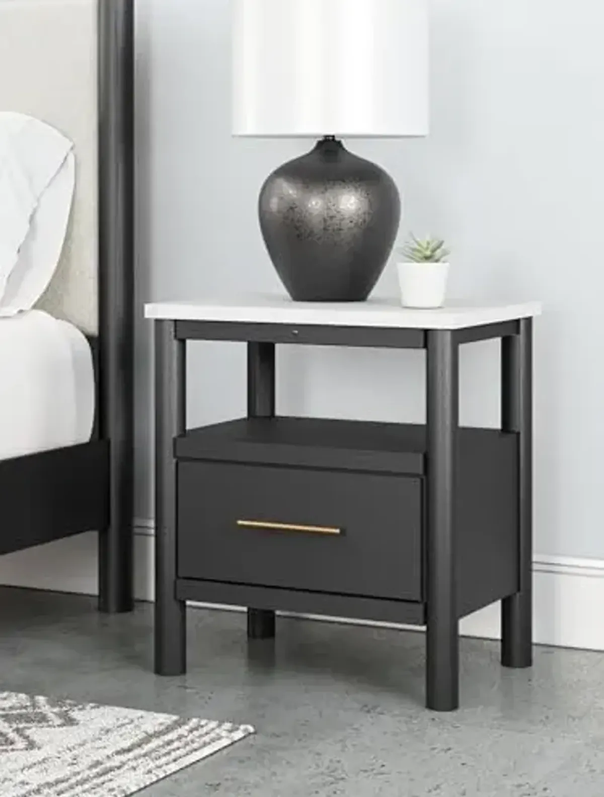 Signature Design by Ashley Cadmori Bohemian 1-Drawer Nightstand with 1 Shelf, Ambient Lighting, USB and Qi Wireless Charging Options, 26.57" Tall, Black & White