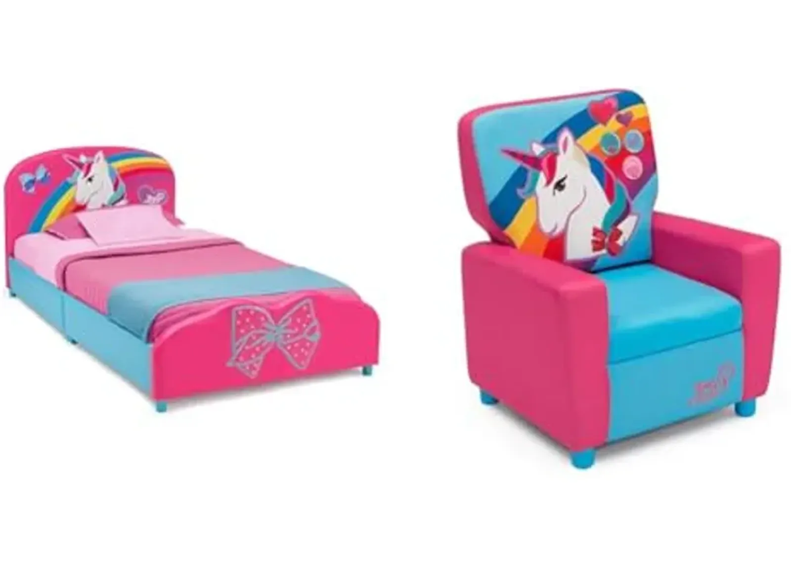 Delta Children Twin Bed, JoJo Siwa & High Back Upholstered Chair, pink and skyblue