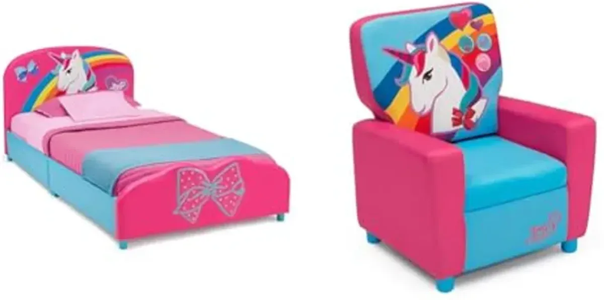 Delta Children Twin Bed, JoJo Siwa & High Back Upholstered Chair, pink and skyblue