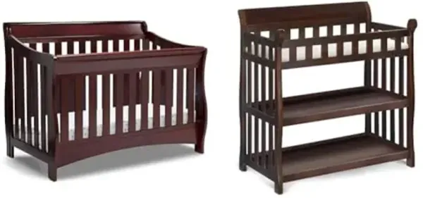 Delta Children Bentley 4-in-1 Convertible Crib and Eclipse Changing Table Bundle, Black Cherry