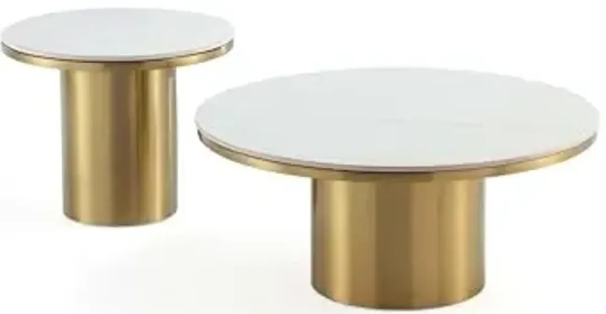 Manhattan Comfort Glenn 2 Piece Set, Round End and Coffee Tables with Sintered Stone Top & Stainless Steel Base, Elegant Design for Modern Living Room, Full Collection, Gold