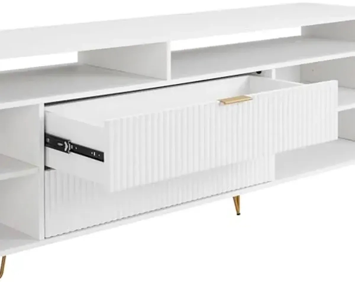 Manhattan Comfort Dumbo Mid Century Modern TV Stand for Televisions up to 80 Inches, Home Entertainment Center with Storage, 6 Shelves, 2 Drawers, No Tool Assembly, 85" Wide, White