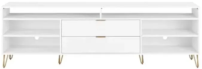 Manhattan Comfort Dumbo Mid Century Modern TV Stand for Televisions up to 80 Inches, Home Entertainment Center with Storage, 6 Shelves, 2 Drawers, No Tool Assembly, 85" Wide, White