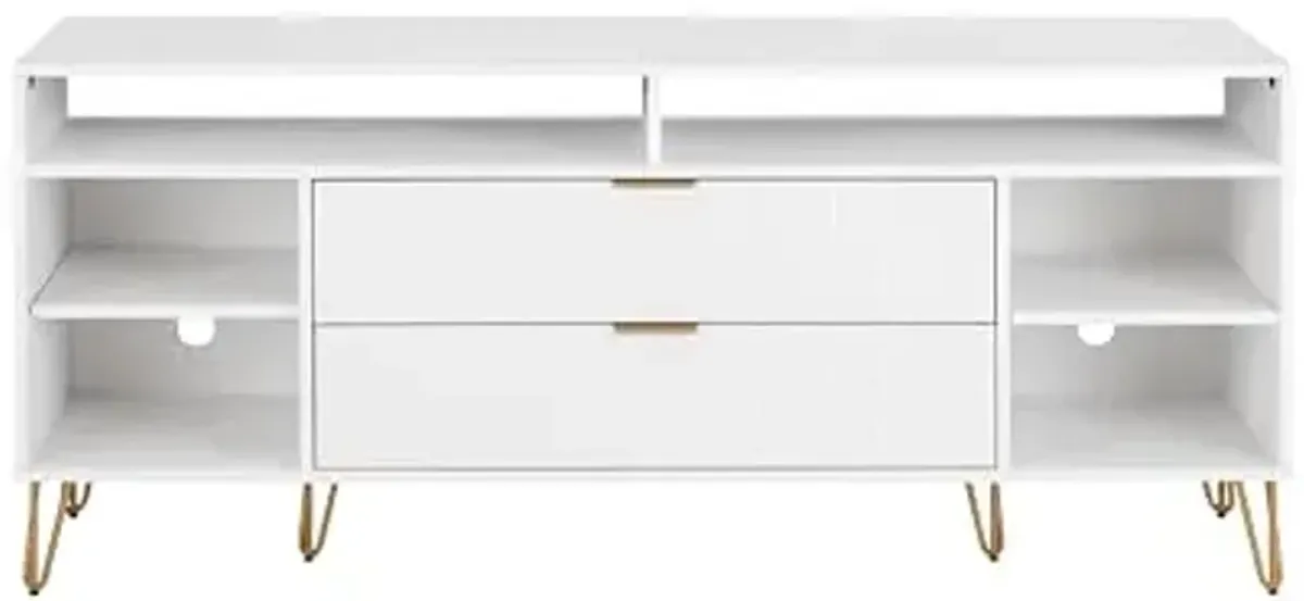 Manhattan Comfort Dumbo Mid Century Modern TV Stand for Televisions up to 60 Inches, Home Entertainment Center with Storage, 6 Shelves, 2 Drawers, No Tool Assembly, 63" Wide, White