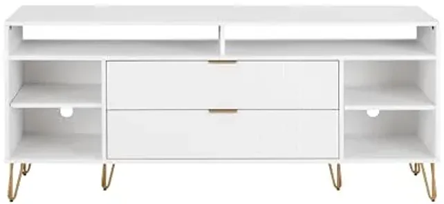 Manhattan Comfort Dumbo Mid Century Modern TV Stand for Televisions up to 60 Inches, Home Entertainment Center with Storage, 6 Shelves, 2 Drawers, No Tool Assembly, 63" Wide, White