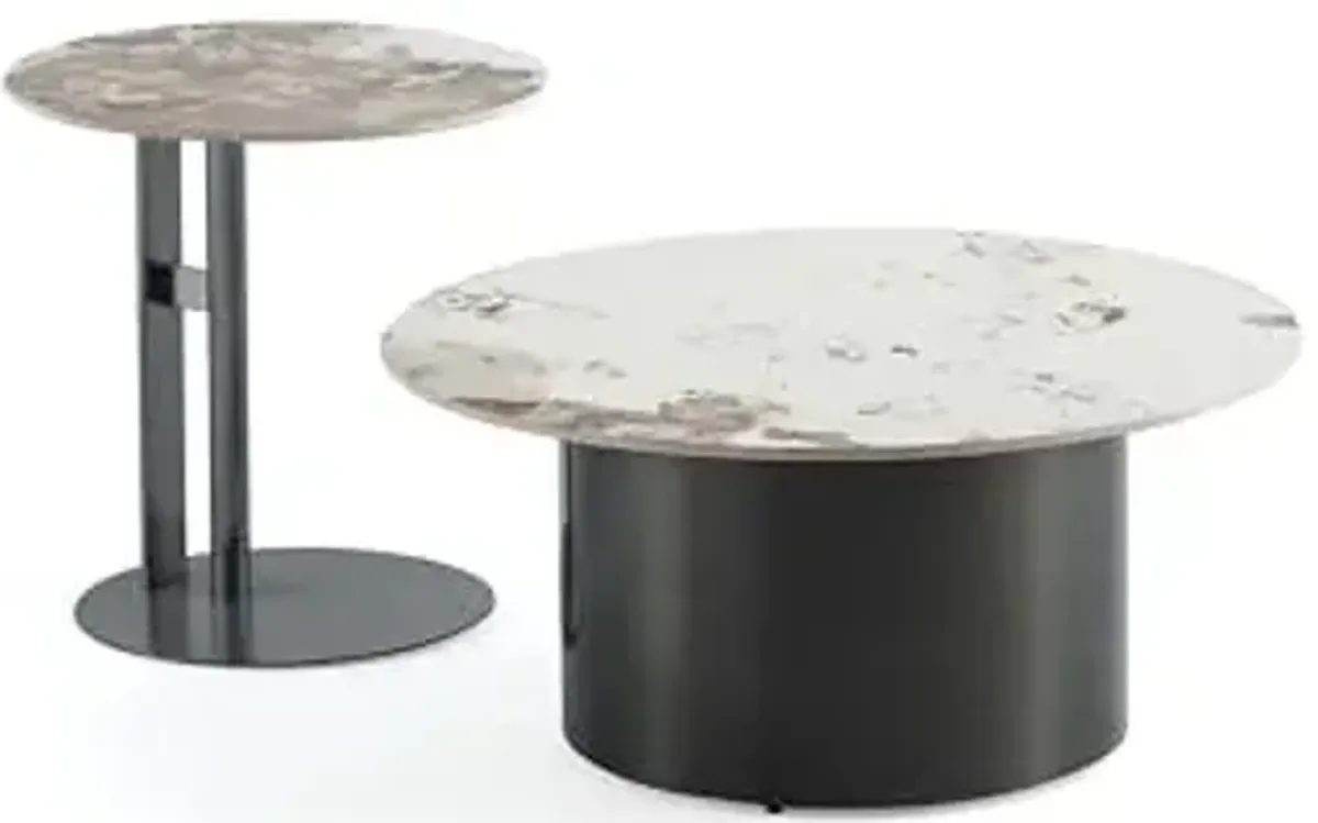 Manhattan Comfort Alondra 2 Piece Set, Round End and Coffee Tables with Sintered Stone Top & Stainless Steel Base, Elegant Design for Modern Living Room, Full Collection, Black