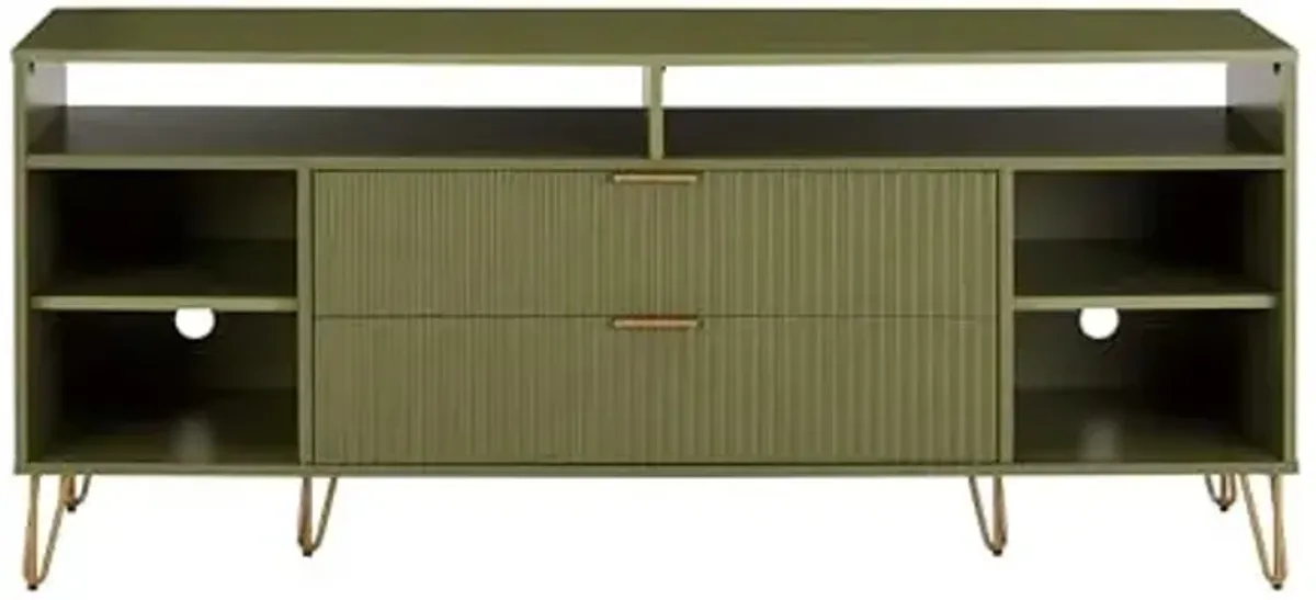 Manhattan Comfort Dumbo Mid Century Modern TV Stand for Televisions up to 60 Inches, Home Entertainment Center with Storage, 6 Shelves, 2 Drawers, No Tool Assembly, 63" Wide, Olive Green