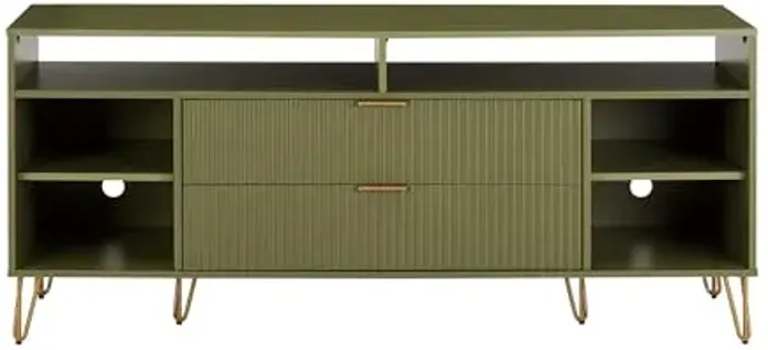 Manhattan Comfort Dumbo Mid Century Modern TV Stand for Televisions up to 60 Inches, Home Entertainment Center with Storage, 6 Shelves, 2 Drawers, No Tool Assembly, 63" Wide, Olive Green