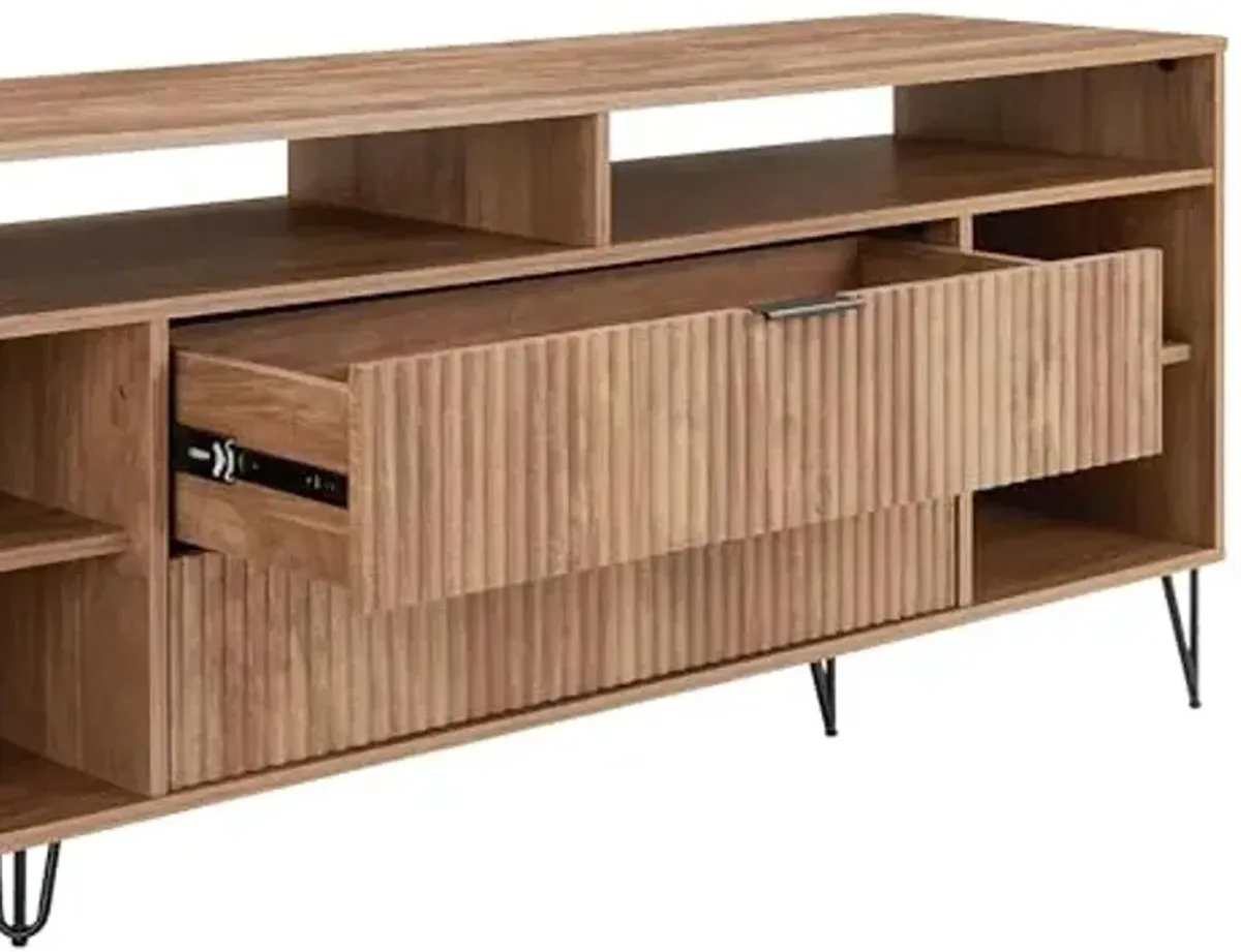 Manhattan Comfort Dumbo Mid Century Modern TV Stand for Televisions up to 60 Inches, Home Entertainment Center with Storage, 6 Shelves, 2 Drawers, No Tool Assembly, 63" Wide, Golden Brown