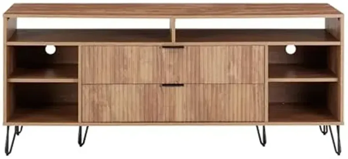 Manhattan Comfort Dumbo Mid Century Modern TV Stand for Televisions up to 60 Inches, Home Entertainment Center with Storage, 6 Shelves, 2 Drawers, No Tool Assembly, 63" Wide, Golden Brown