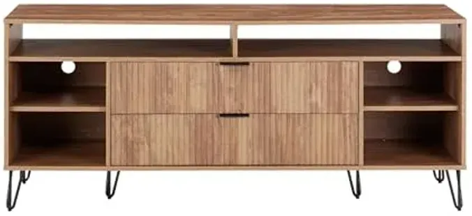 Manhattan Comfort Dumbo Mid Century Modern TV Stand for Televisions up to 60 Inches, Home Entertainment Center with Storage, 6 Shelves, 2 Drawers, No Tool Assembly, 63" Wide, Golden Brown