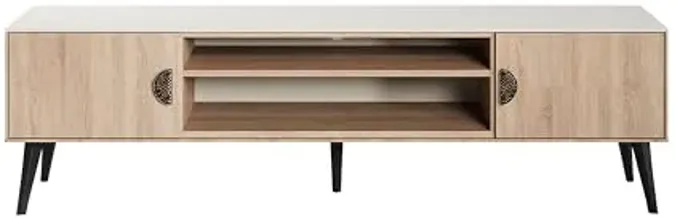 Manhattan Comfort Haley Mid Century Modern TV Stand for Televisions up to 55 Inches, Home Entertainment Center with Storage, Shelves, and Soft Close Doors, 70.9" Wide, Natural and Nude