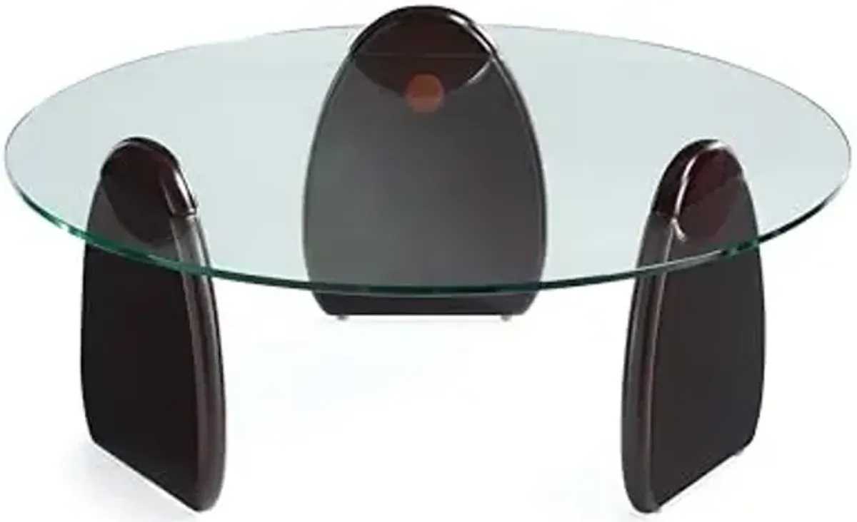 Manhattan Comfort Artesia Round Coffee Table with Sleek Tempered Glass Top, Solid Wood Base, and Contemporary Design, Living Room Accent Furniture for Modern Homes, Centerpiece, Dark Walnut