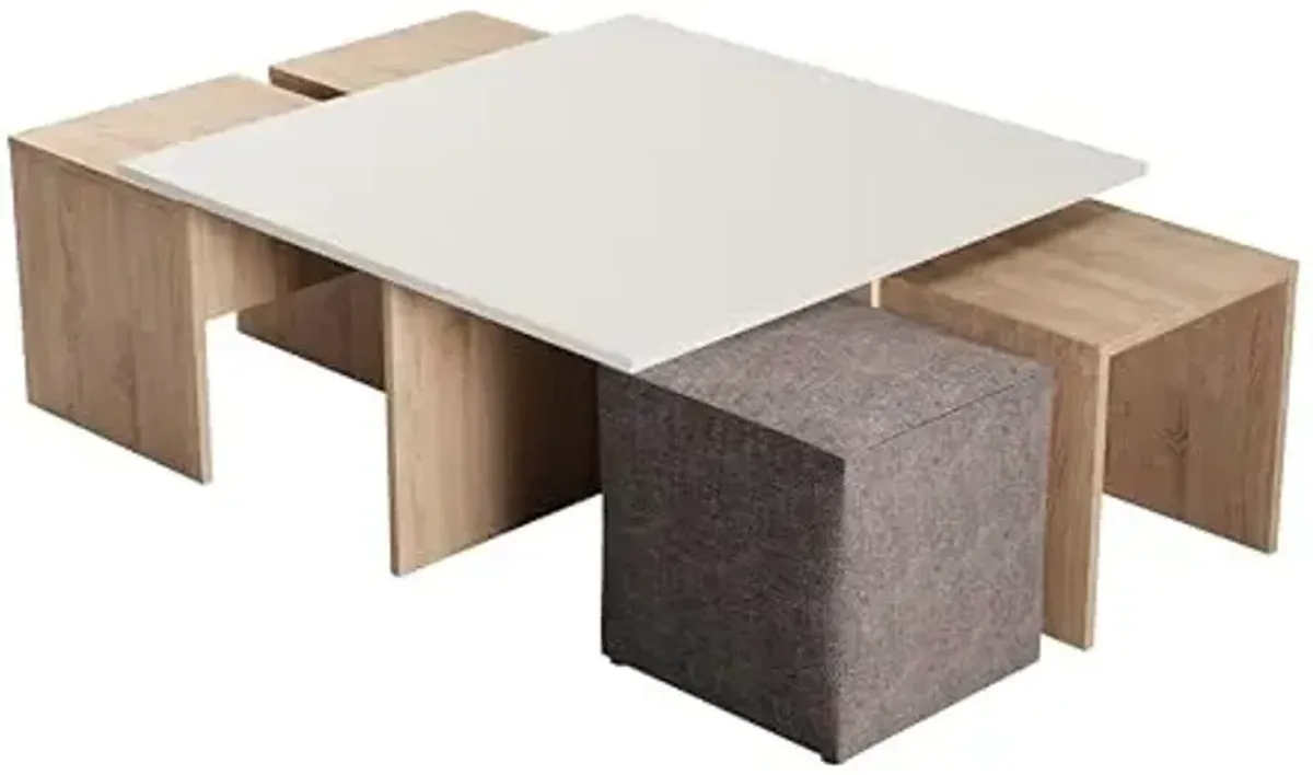 Manhattan Comfort Haley Mid Century Modern Coffee Table & Ottoman Set with Nested Design for Small Spaces, Versatile Living Room Furniture, Accent Decor, Natural and Nude