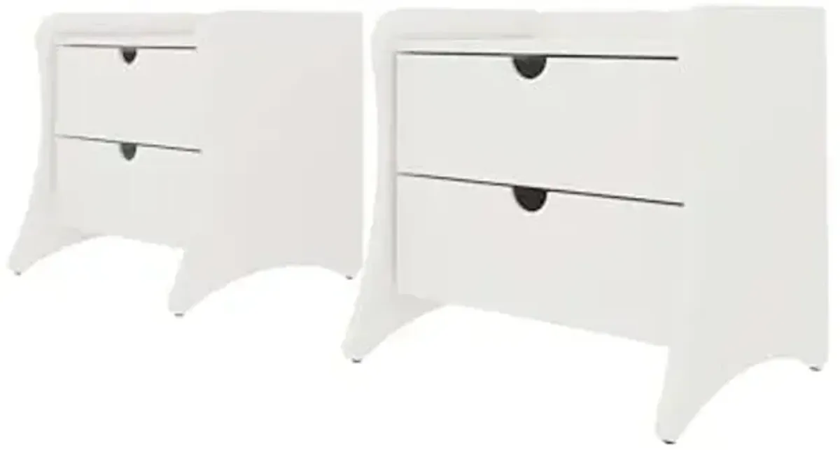 Manhattan Comfort Coney Mid Century Modern Nightstand with Drawers, Curved Legs, and Spacious Storage, Minimalist Bedroom Night Stand for Lamps and Decor Items, Bedside Table Set of 2, White