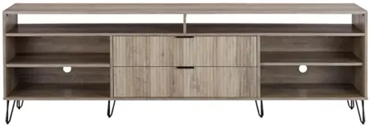 Manhattan Comfort Dumbo Mid Century Modern TV Stand for Televisions up to 80 Inches, Home Entertainment Center with Storage, 6 Shelves, 2 Drawers, No Tool Assembly, 85" Wide, Golden Brown