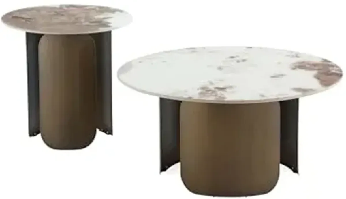 Manhattan Comfort Monica 2 Piece Set, Round End and Coffee Tables with Sintered Stone Top & Stainless Steel Base, Elegant Design for Modern Living Room, Full Collection, Gold